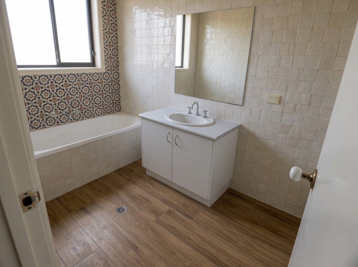 The same bathroom re-rendered with wood-effect floor tiles, full-height cream wall tiles and a patterned decor panel behind the bath